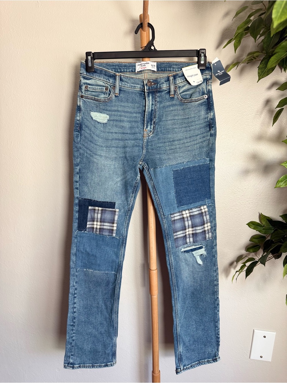 Abercrombie Kids Patchwork Straight Leg Blue Denim Jeans Size 15/16 Years NWT